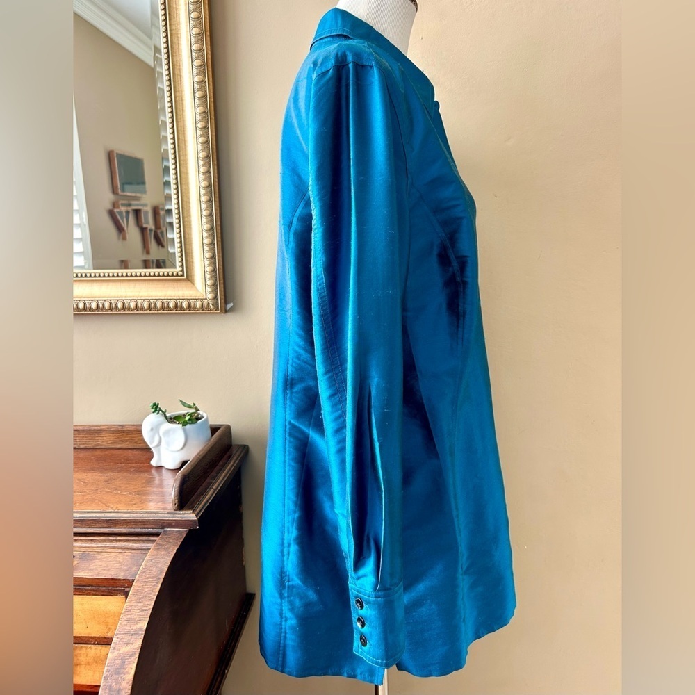 Chico's Teal Blue Raw Silk Long Sleeve Button Down Tunic Top Jacket Size 3 XL - Picture 6 of 8